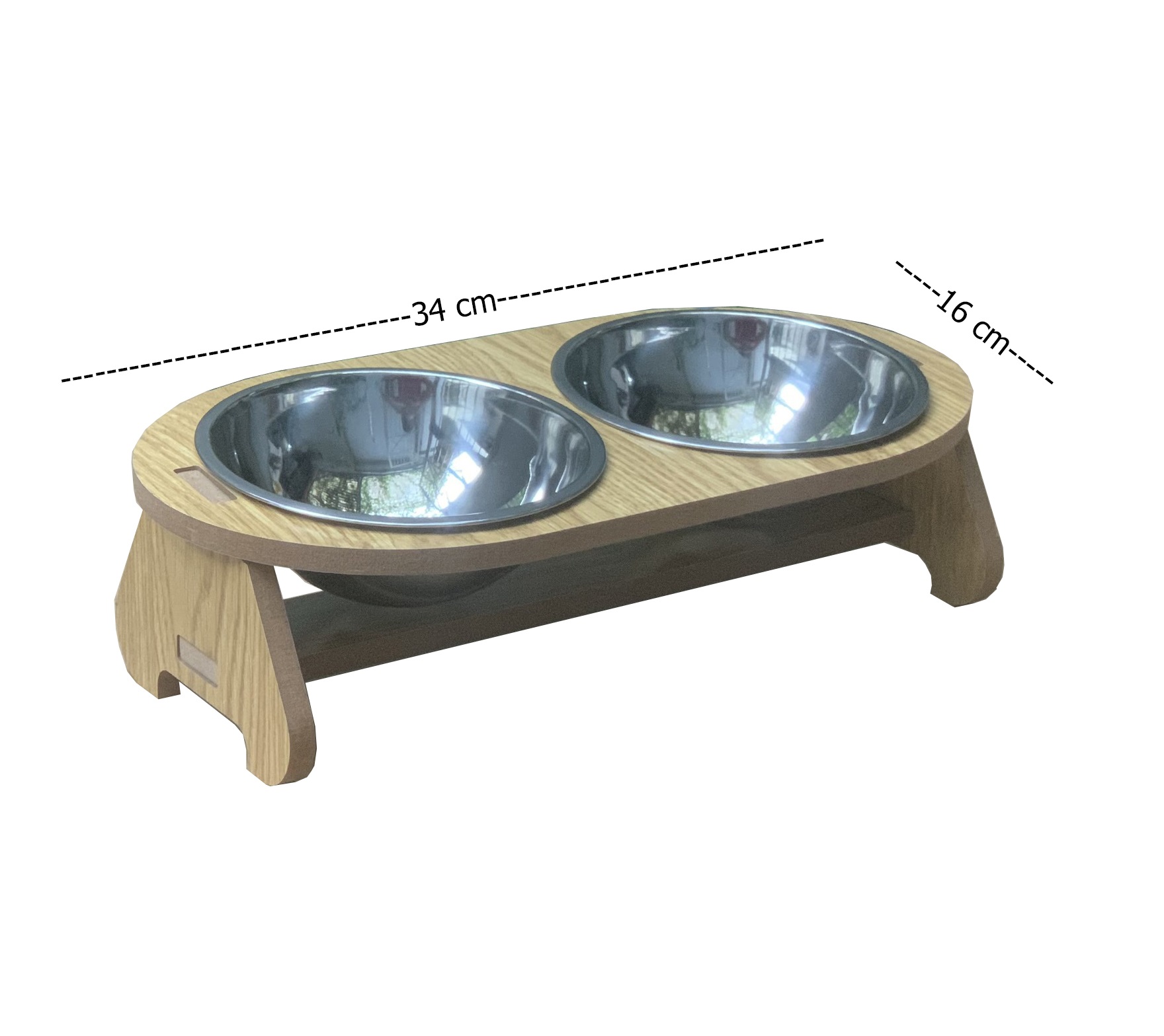 Bát ăn đôi cho chó mèo, bát ăn gỗ 2 ngăn 2 bát inox tháo rời, bát ăn chống gù 34x16cm - bompet