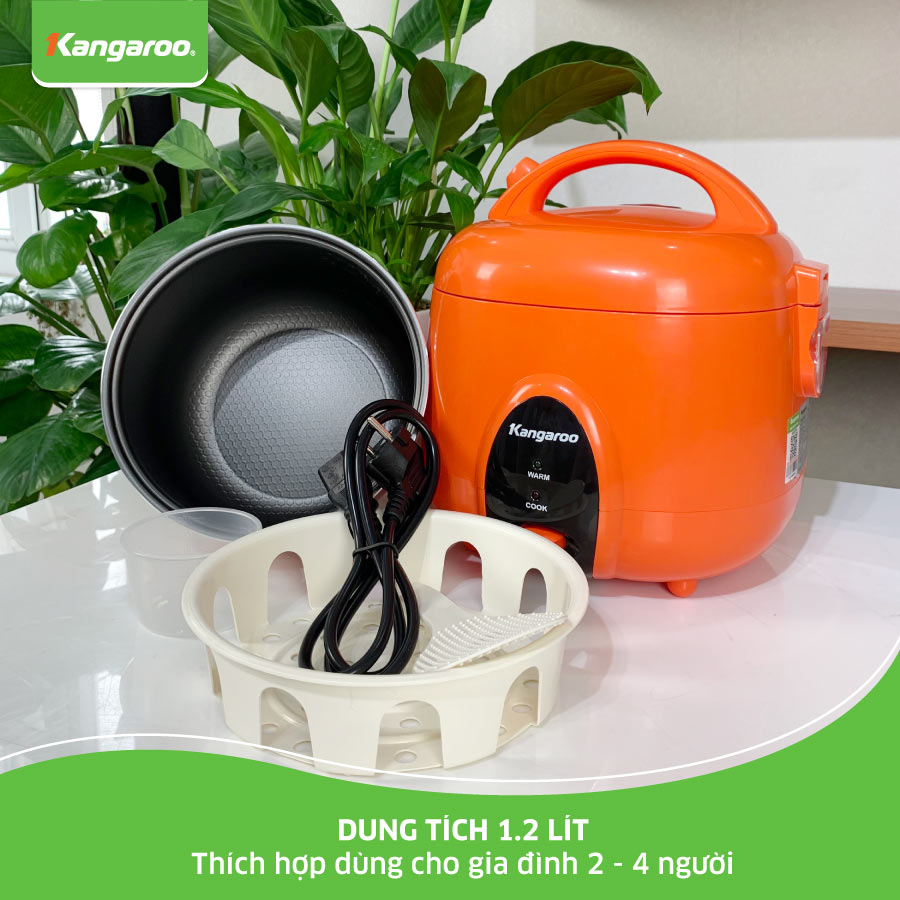 Nồi cơm điện Kangaroo 1.2 lít KG826S Hàng Chính hãng Lòng nồi 2 lớp dày 2 mm phủ hợp kim nhôm tráng men chống dính bền tốt công nghệ nấu 3D - BH 12 tháng