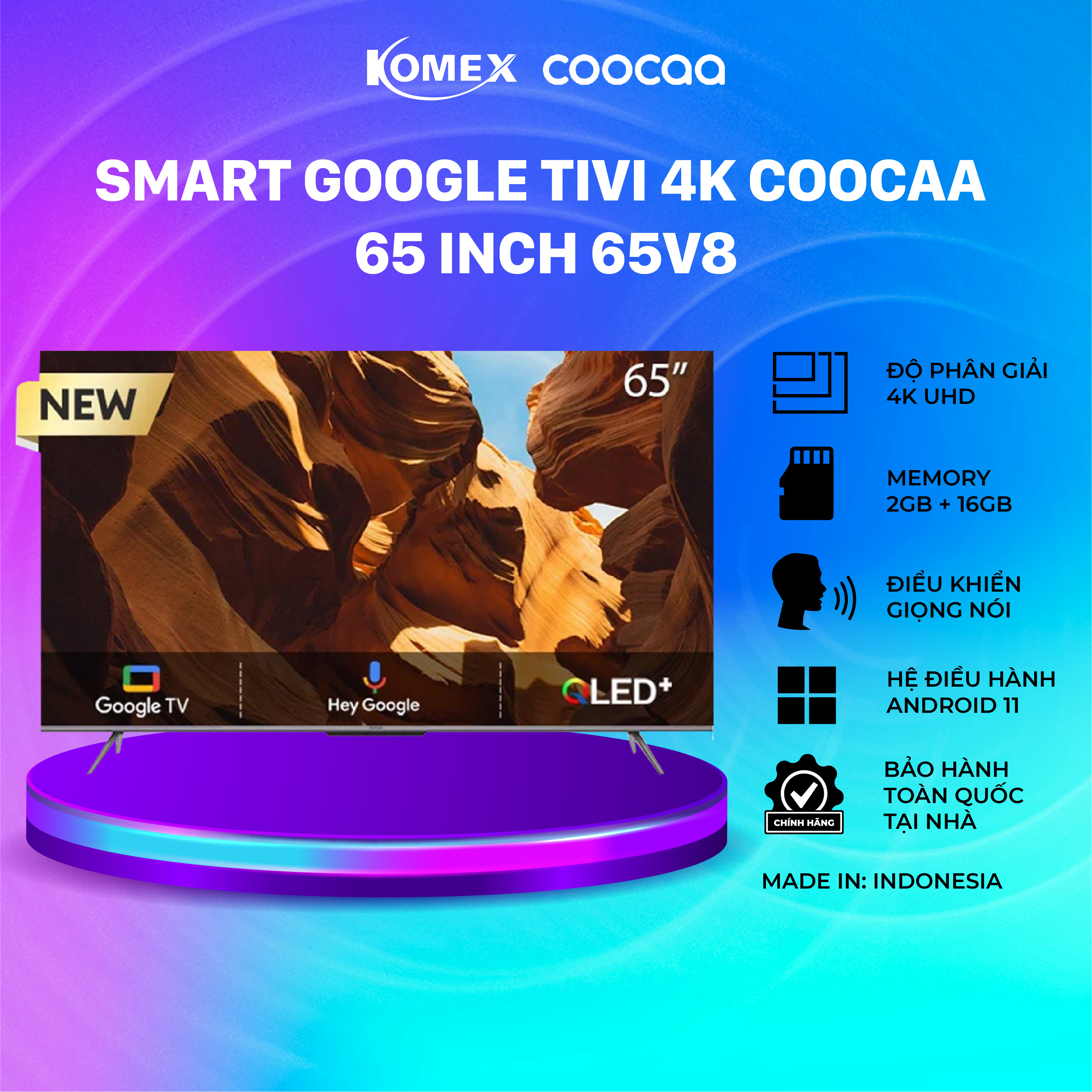 Tivi Coocaa 65 Inch 65V8 Smart tivi 4K UHD, Kết nối wifi, Điều khiển giọng nói, Đồng kiểm, Đổi trả 30 ngày Bảo hành 24 tháng - Komex