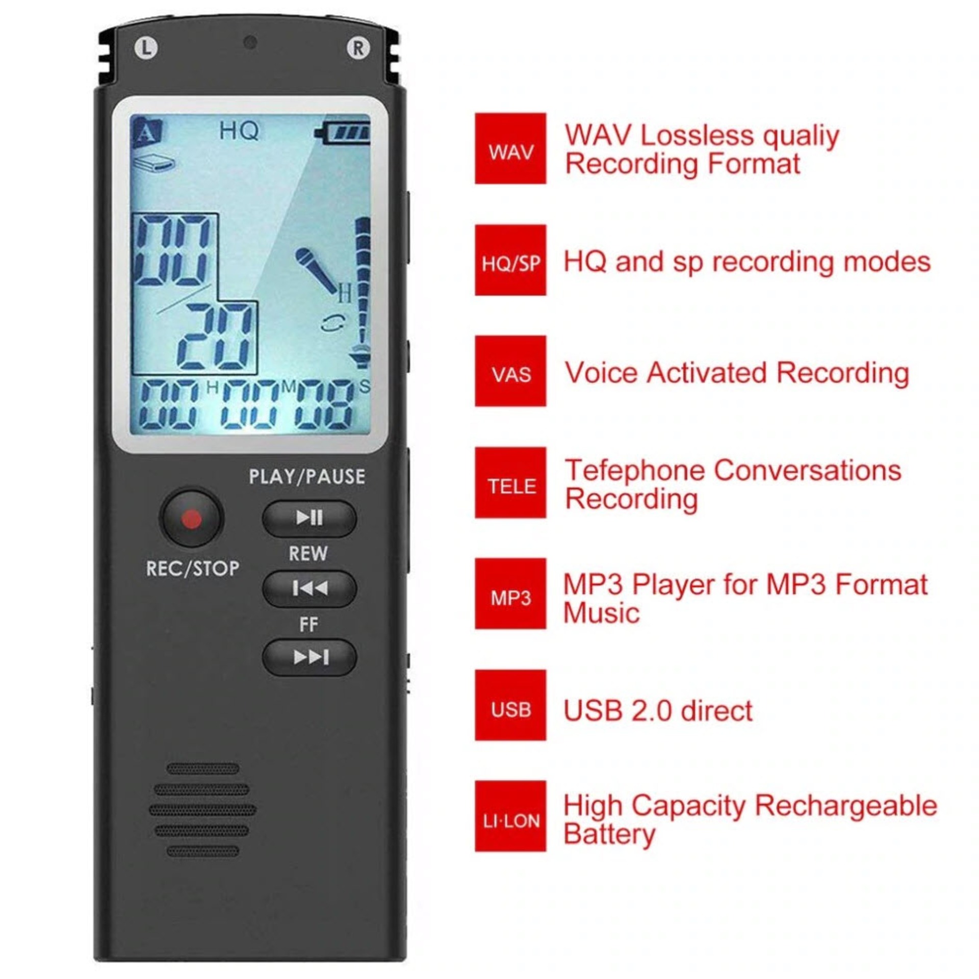 Máy ghi âm chuyên nghiệp t60 tích hợp micro âm thanh kỹ thuật số màn hình lcd công nghệ var/vor hỗ trợ nghe nhạc mp3 - thời gian ghi âm lên tới 720 phút