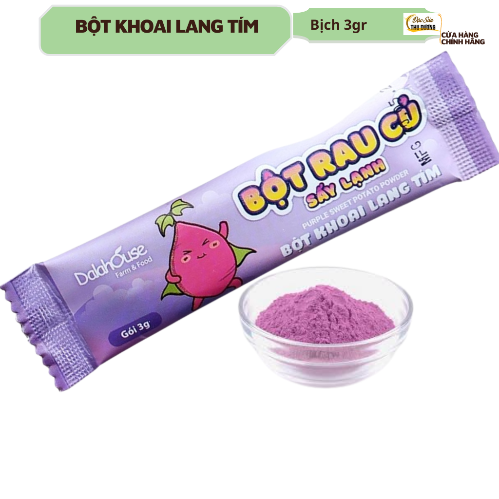 Bột khoai lang tím sấy lạnh Dalahouse - Bịch 3gr, hỗ trợ đường ruột, tiêu hóa, tim mạch, huyết áp. tạo màu thực phẩm tự nhiên