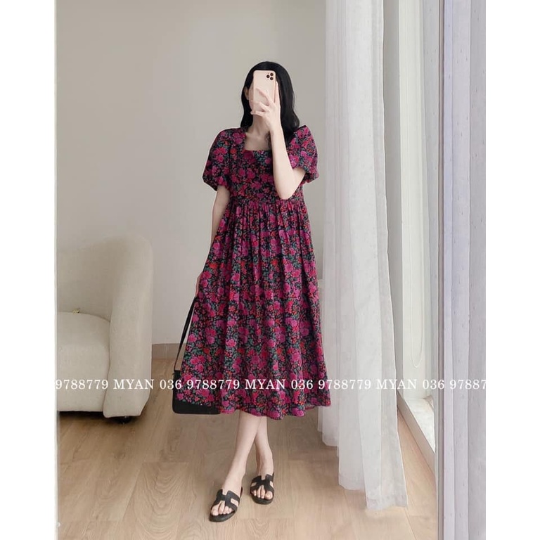 Váy midi xòe chất thô họa tiết hoa cổ vuông, chiết eo, hở lưng, buộc nơ sau myan - vvn052212