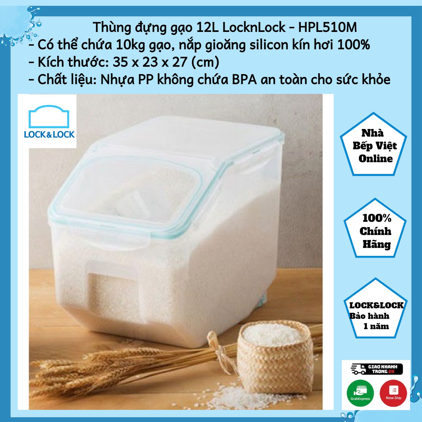 Thùng gạo đôi của locknlock gồm 1 thùng 10kg và 1 thùng 2.5kg mã sản phẩm hpl510ms2
