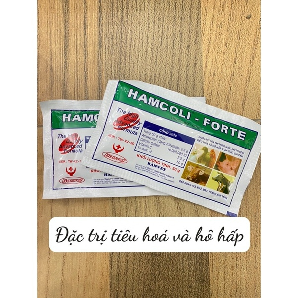 THÚ Y 1 gói HAMCOLI - FORT 50g dạng bột đặc tri tiêu hoá và hô hấp dùng