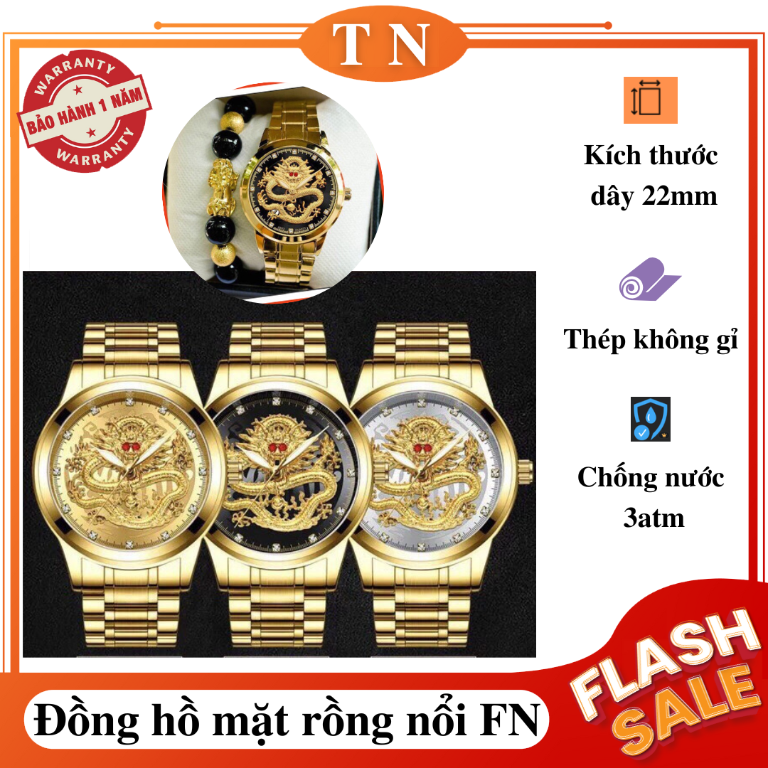 Đồng hồ cơ dây thép FN - Đồng hồ nam mặt hình rồng nổi 3D, chống nước, biểu tượng của quyền lực và sự thịnh vượng