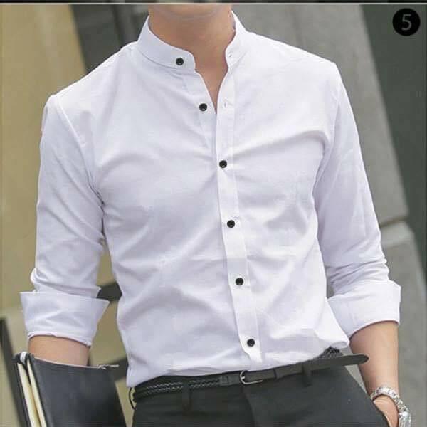 Áo sơ mi nam dài tay cổ tàu Trắng Cúc đen