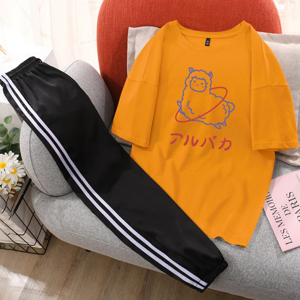 [HAN HAN SHOP 175] Sét Bộ Quần Áo Nữ Mặc Hè, Áo Phông Cotton Mát Mịn In Hoạt HÌnh Kèm Quần Thun Sọc Bo Gấu Mặc Đi Chơi