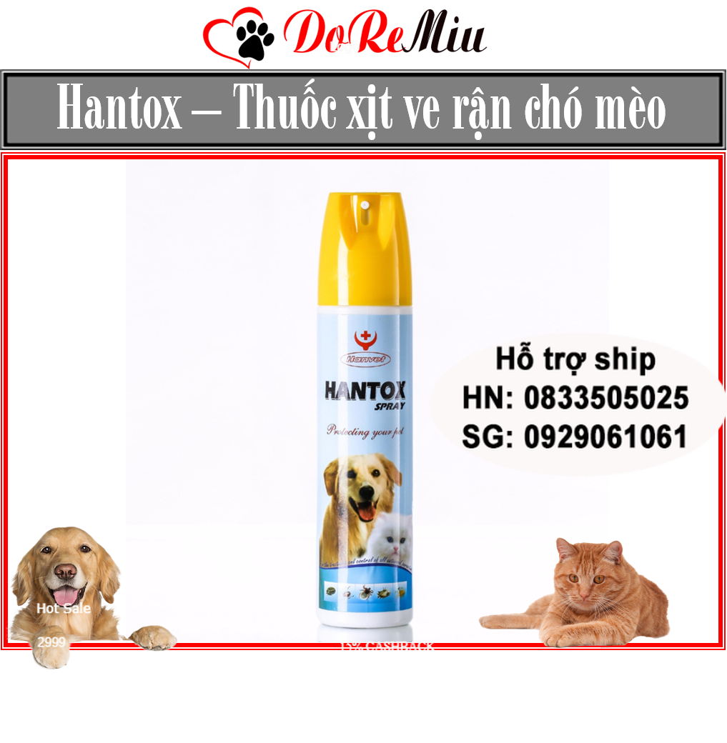 Doremiu Hantox - Xịt ve rận chó mèo (300ml) có đầu phun diệt bọ chét bọ nhảy trên thú cưng