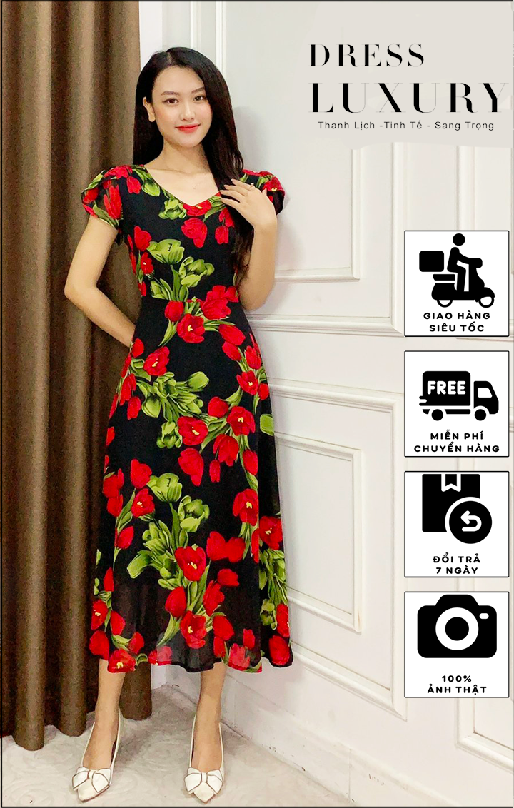Đầm váy nữ DRESS LUXURY HH dáng suông, tay lỡ phối ren, chiết eo thắt nơ thanh lịch