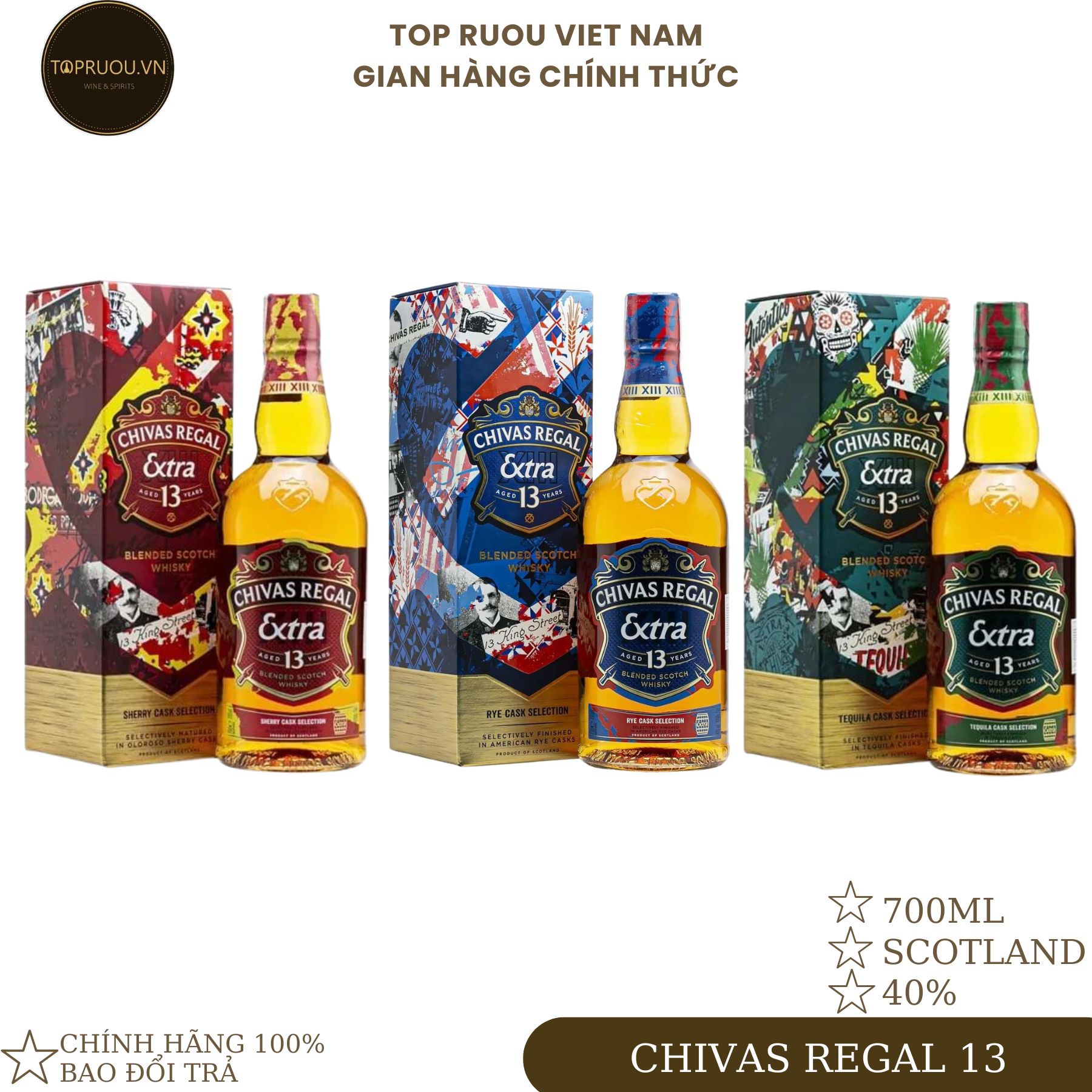 Rượu whisky chivas regal 13 đỏ - xanh - xanh lá 700ml