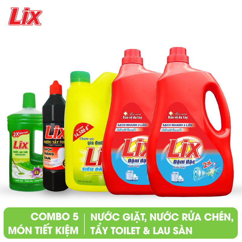 COMBO số 17 gồm 5 món LIX siêu tiết kiệm (2 chai nước giặt đậm đặc hương hoa 2kg, Nước lau sàn hương nắng hạ 1 lít, Nước rửa chén siêu đậm đặc hương chanh 1.4kg, Nước tẩy toilet 1kg)