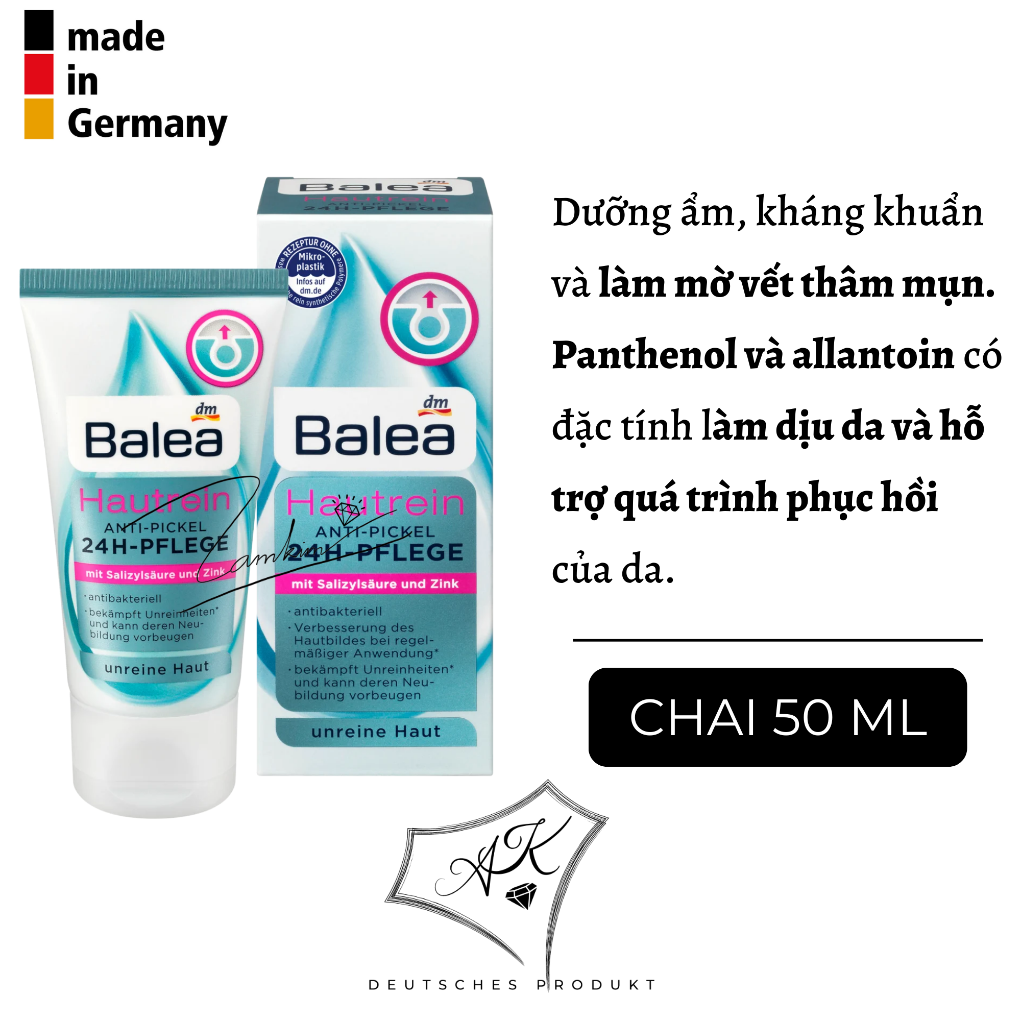 Gel, kem ngừa mụn Balea, giảm thâm, sáng da, ngừa mụn cấp tốc