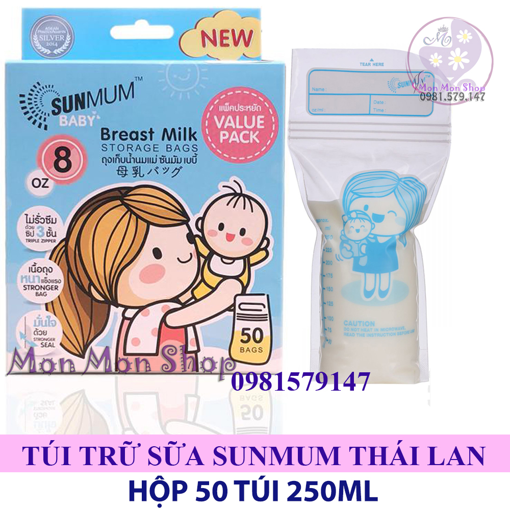 (Nguyên tem) Hộp 50 túi trữ sữa SUNMUM Thái Lan 250ml
