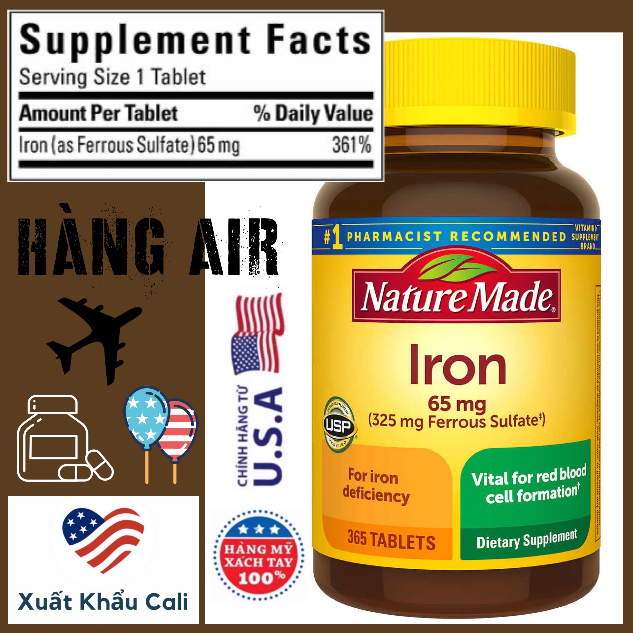 [HCM]Nature Made Iron 65 mg Mẫu mới 365 viên của Mỹ Viên uống bổ sung sắt