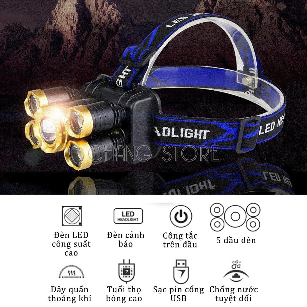 Đèn pin đội đầu 5 bóng siêu sáng chống nước kèm pin sạc, đèn pin đội đầu siêu sáng 5 mắt bản mới bóng to hơn, sáng hơn, chống nước chống bụi tiêu chuẩn, đèn pin đội đầu, đèn pin siêu sáng