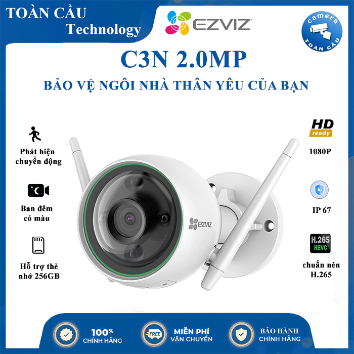 [100% CHÍNH HÃNG] Camera Wifi EZVIZ C3N 2.0MP Full HD 1080P AI, Có Màu Ban Đêm , Có Đèn Báo Động Xâm Nhập , Công Nghệ AI nhận dạng người - Camera Toàn Cầu