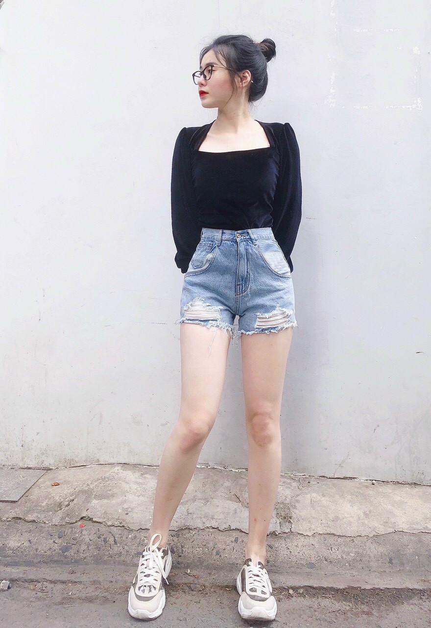 Quần short nữ thắt dây quần short jean lưng cao màu đen GLQ066