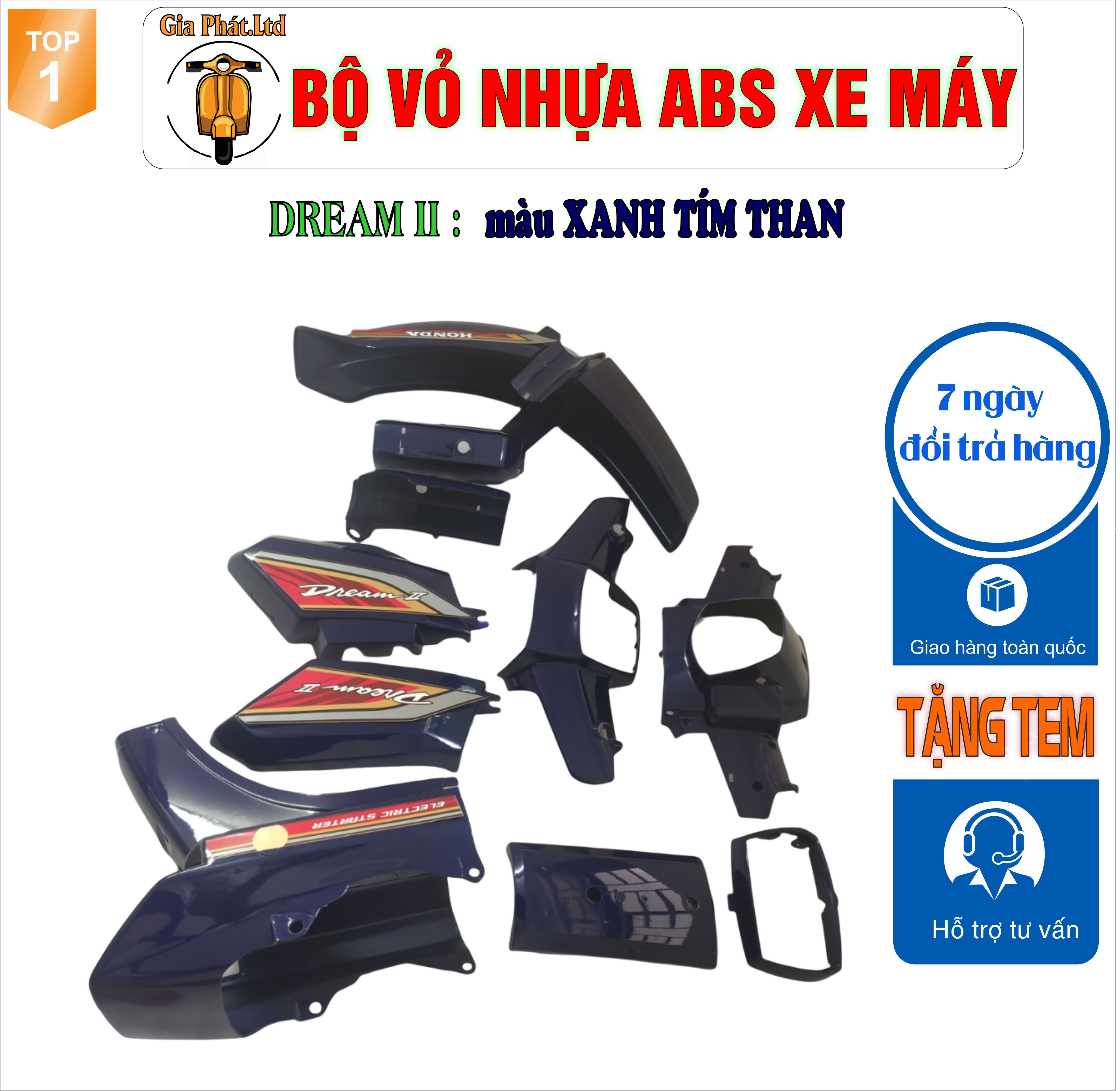 {Tặng kèm tem}   Bộ nhựa dàn áo xe Dream II - Dream Việt - Thái - Tàu màu XANH TÍM THAN  LZD-GP-1134 (2134), cung cấp phụ kiện xe máy