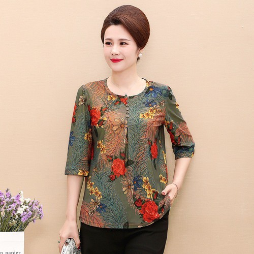 Áo sơ mi trung niên nữ in hoa tay lỡ chất liệu thun mềm mát bigsize đến 83kg, nhiều màu