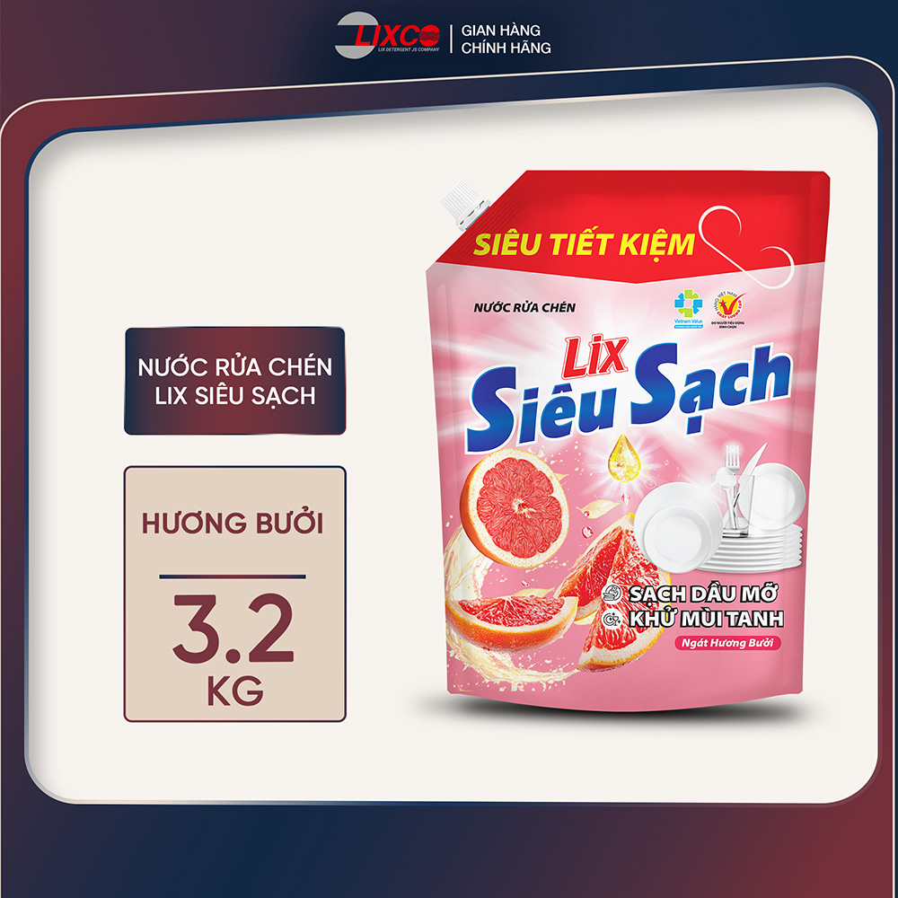 Nước rửa chén siêu sạch hương bưởi can 1,4kg và túi 3,2kg Lixco - Chăm Sóc Gia Đình