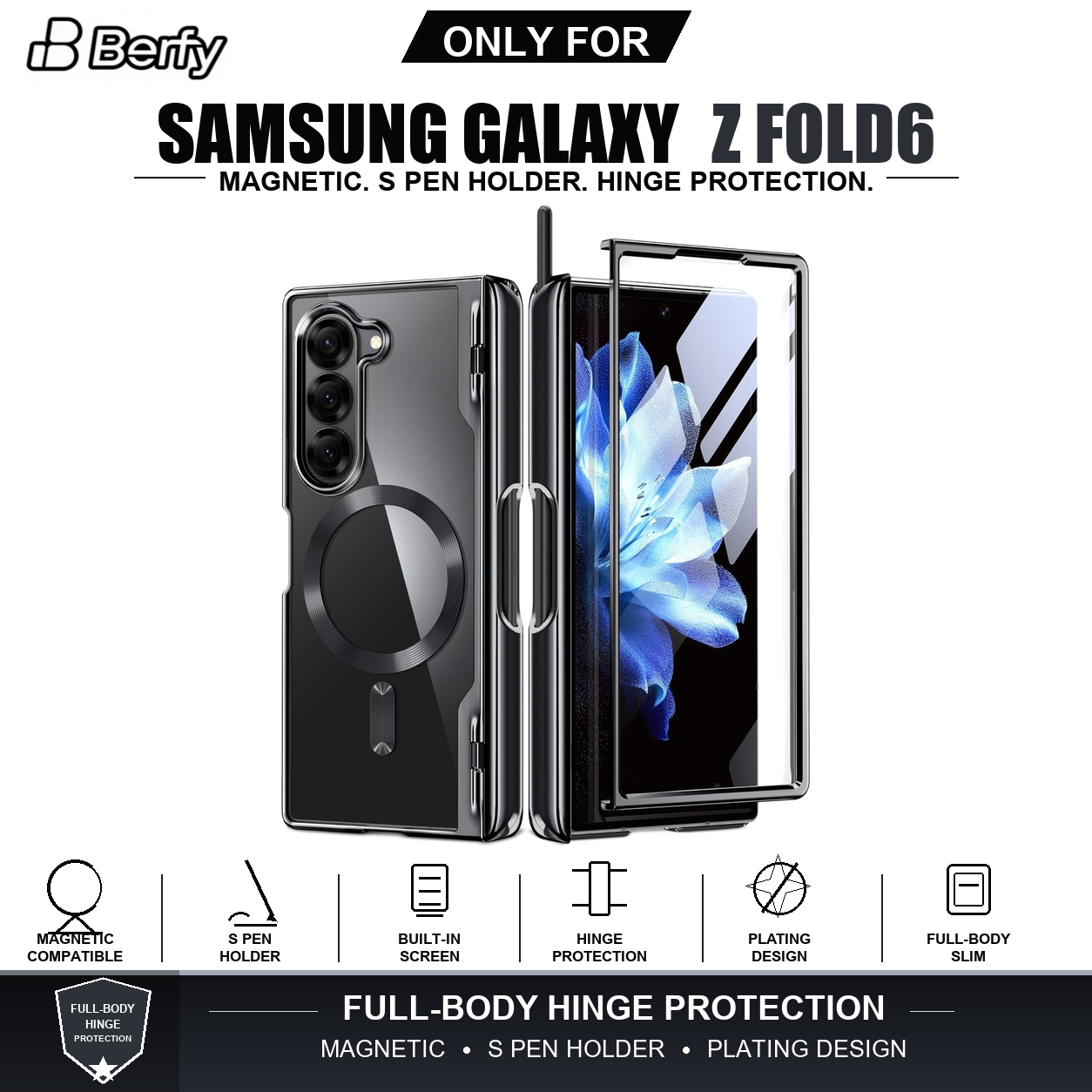 Ốp lưng BERFY từ tính nâng cấp cho Samsung Galaxy Z Fold 6 có khe chứa S Pen, tương thích MagSafe, [Kính bảo vệ màn hình tích hợp & Bảo vệ bản lề], Ốp lưng mỏng mạ kim loại toàn thân, Màu đen