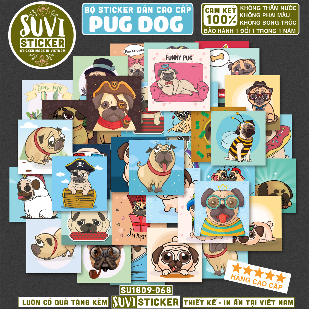 Sticker Chó Pug Dog chống nước dán laptop, điện thoại, đàn guitar, mũ bảo hiểm, vali.