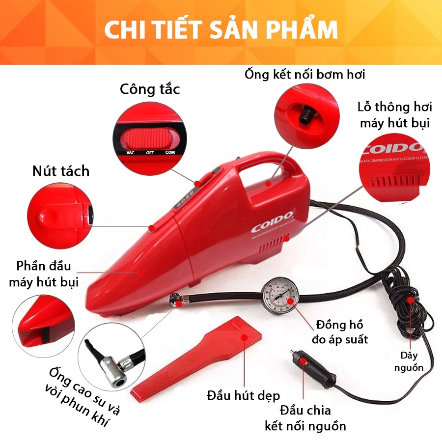 [HCM]bơm lốp ô tô xe hơi và hút bụi kết hợp 2 trong 1 coido 6022 đài loan