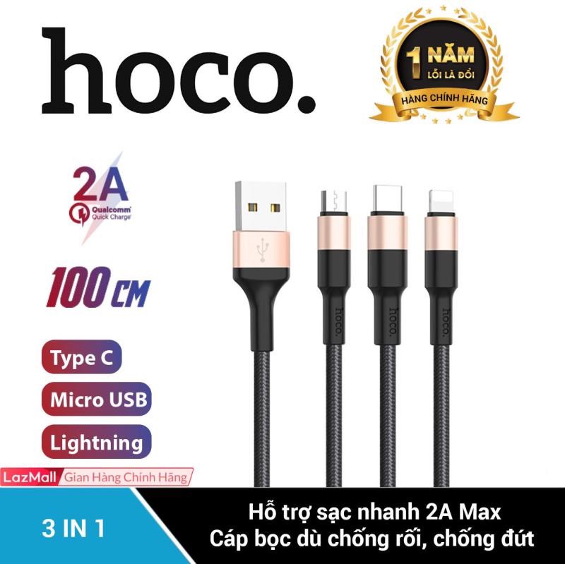 Cáp sạc Hoco X26 3 đầu đa năng Lightning - Micro - Type C dài 1m dây dù siêu bền