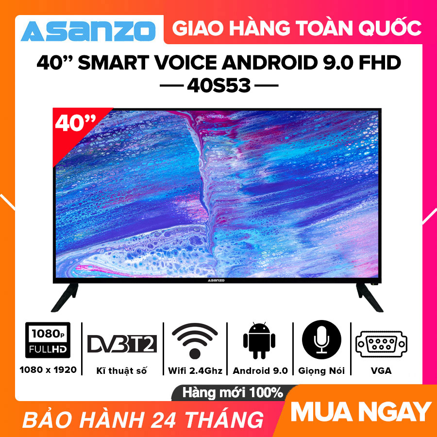 [Trả góp 0%][SẢN PHẨM MỚI] Smart Voice Tivi Asanzo 40 inch Full HD - Model 40S53 Android 9.0 Điều khiển giọng nói [REMOTE VOICE KHÔNG ĐI KÈM] Wifi 2.4GHz DVB-T2 Tivi Giá Rẻ - Bảo Hành 2 Năm