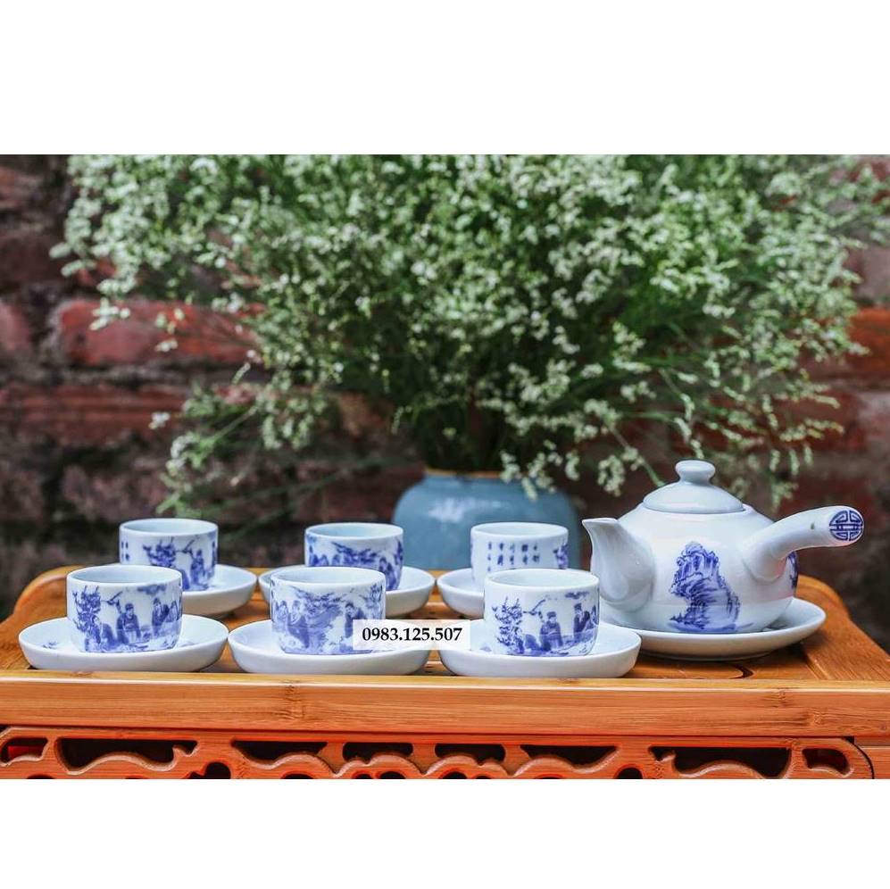 Bộ ấm chén men lam ''Chân trời mới'' - vẽ Trúc Lâm Thất hiền