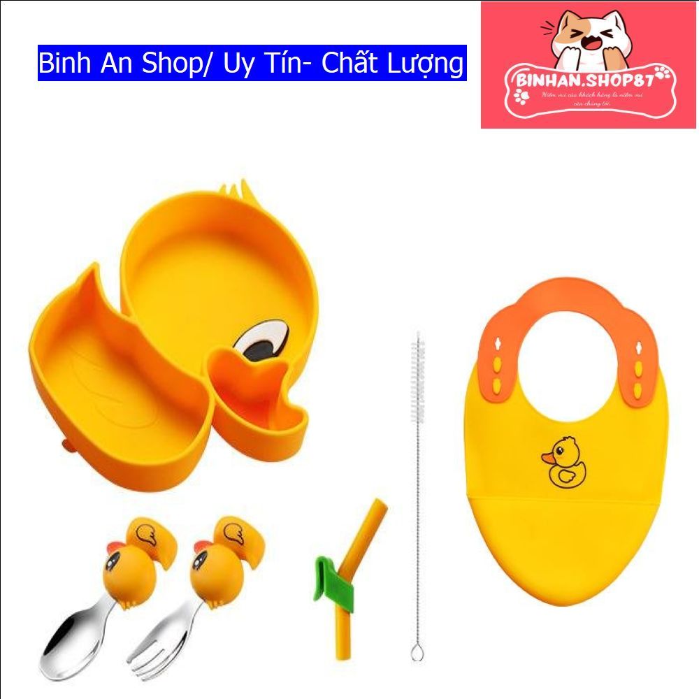 Bộ khay ăn dặm silicon Chống trượt hình con vịt , Gồm Khay-Yếm-Thìa-nĩa-ống hút,không có BPA