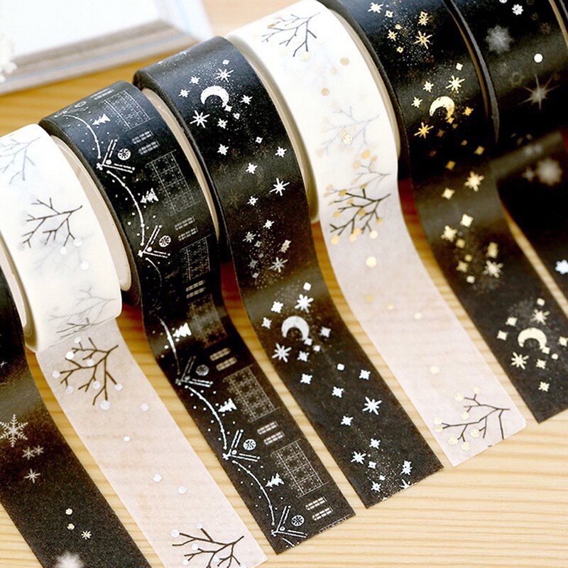 Băng keo Washi tape ánh nhũ vàng bạc trang trí sổ tay, sổ lưu niệm, nhật ký, washi tape giáng sinh dài 5 mét Văn phòng phẩm KuTin