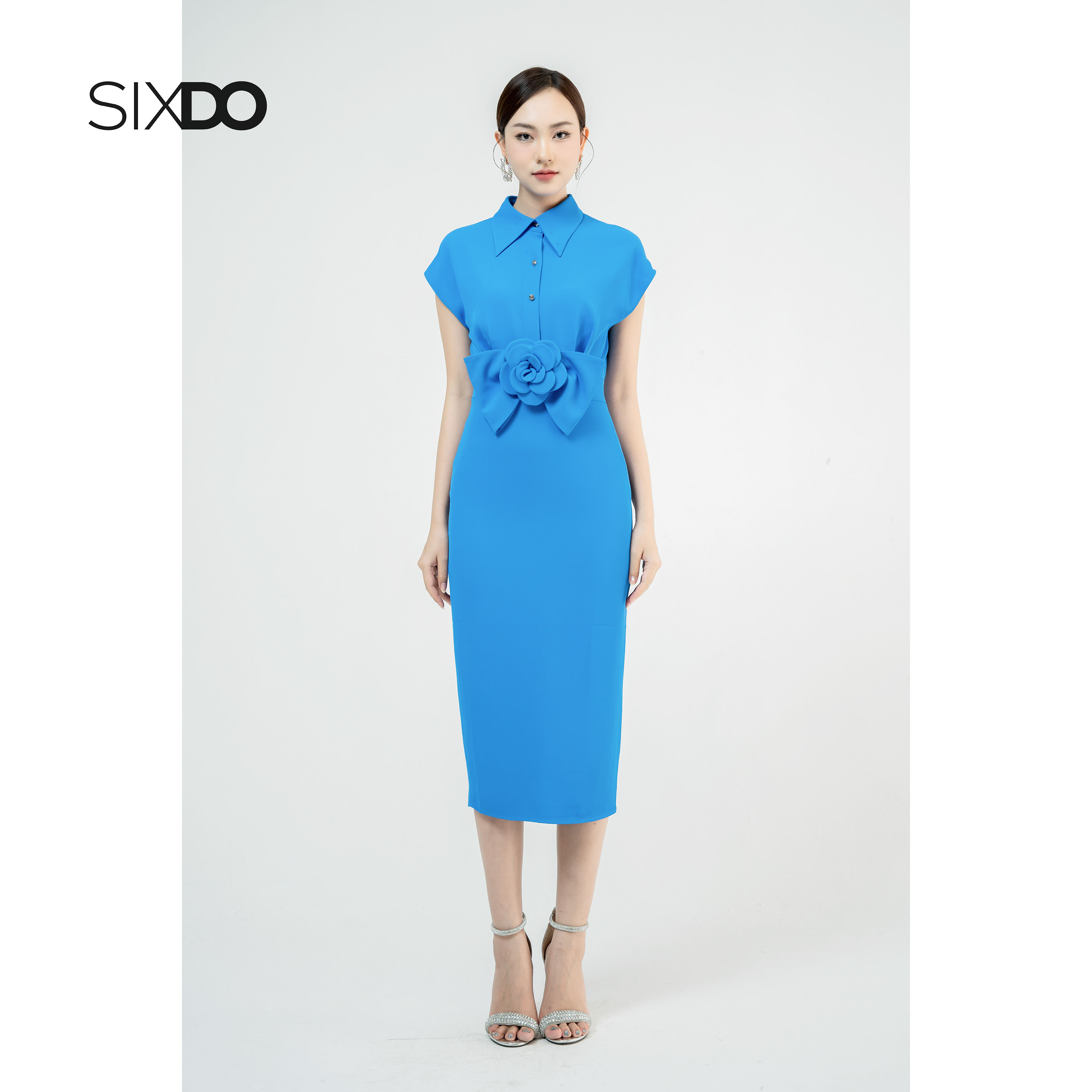 Đầm midi cổ sơ mi phối nơ hoa thời trang SIXDO (Blue Cap Sleeves Midi Silk Dress)