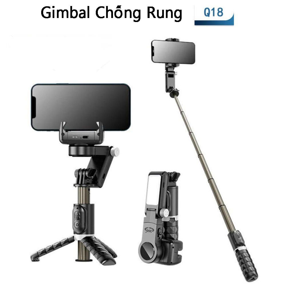 Gimbal Chống Rung Cho Điện Thoại Q18 Tay Cầm Chống Rung Tự Động Theo Dõi Khuôn Mặt, Xoay 360 Độ, Điều Khiển Bluetooth, Có 3 Chân Đỡ Tự Đứng, Có Thể Gấp Gọn