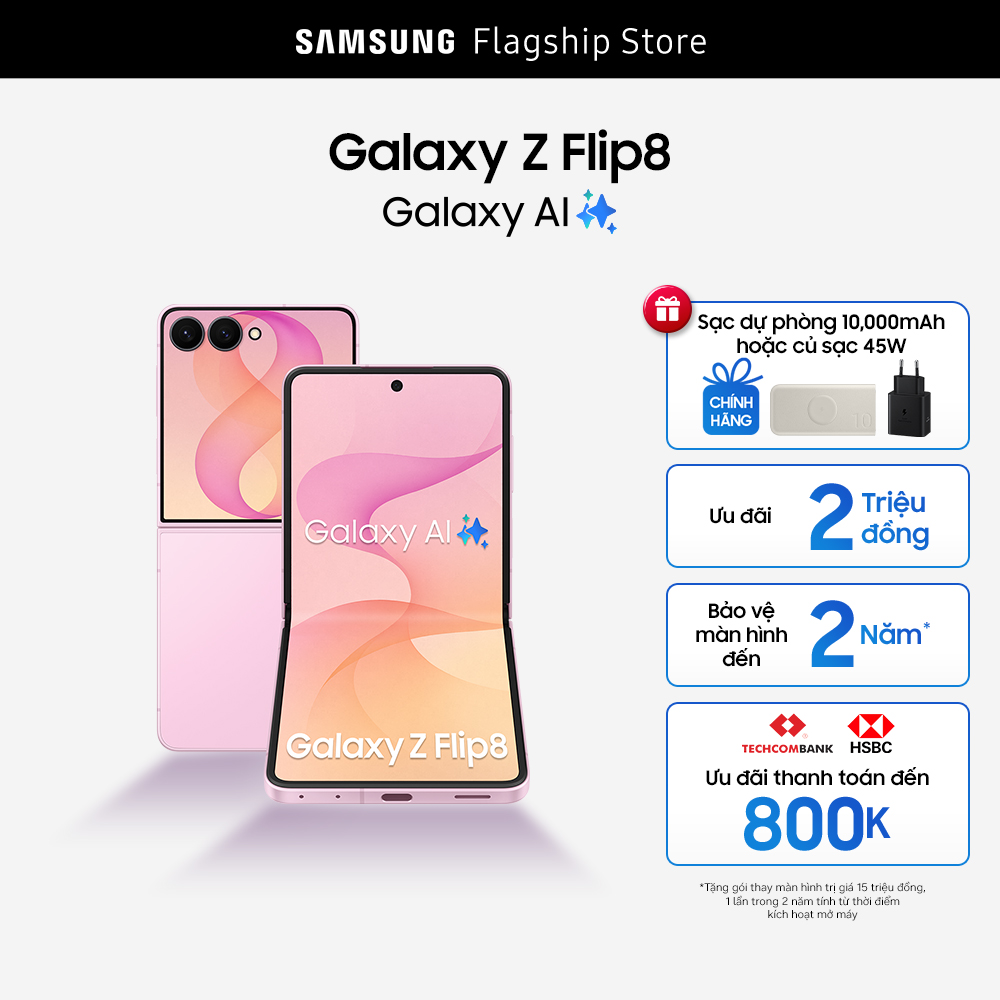 Điện thoại Samsung Galaxy Z Flip8, 256GB, FlexCam 50MP, Galaxy AI, Màn hình FlexWindow 4.1"