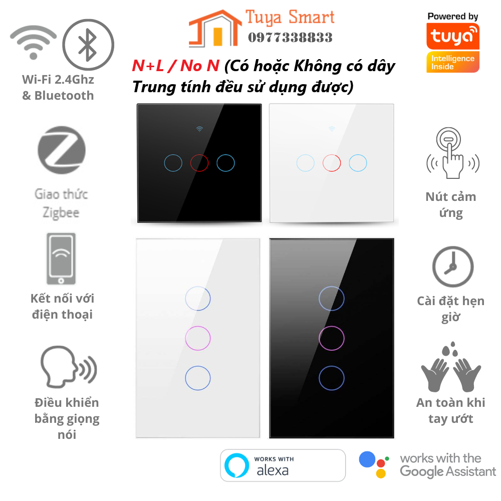 Công Tắc Thông Minh TUYA Wifi / Zigbee 3.0 Hình Chữ Nhật / Vuông Cảm Ứng [Không cần dây Trung tính] Điều Khiển Qua App