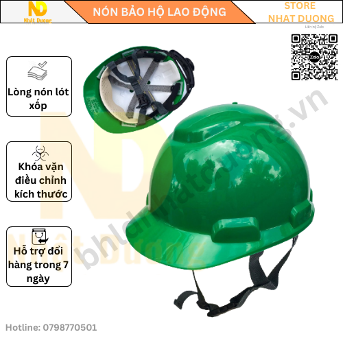 Mũ bảo hộ lao động khóa vặn màu xanh lá có lót xốp HPN08, Nón bảo hộ lao động, Mũ bảo hộ công trình