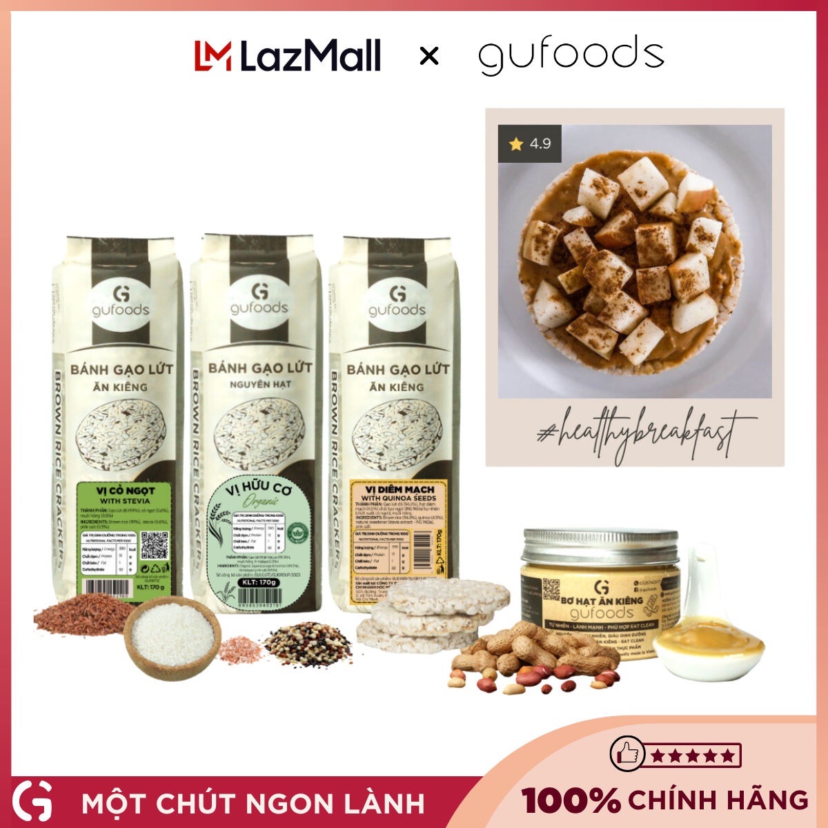 Combo Bánh gạo lứt ăn kiêng (510g) + Các loại topping GUfoods (150g) - Bữa ăn tiện lợi, Giảm cân, Siết cơ, Gym, Eat clean
