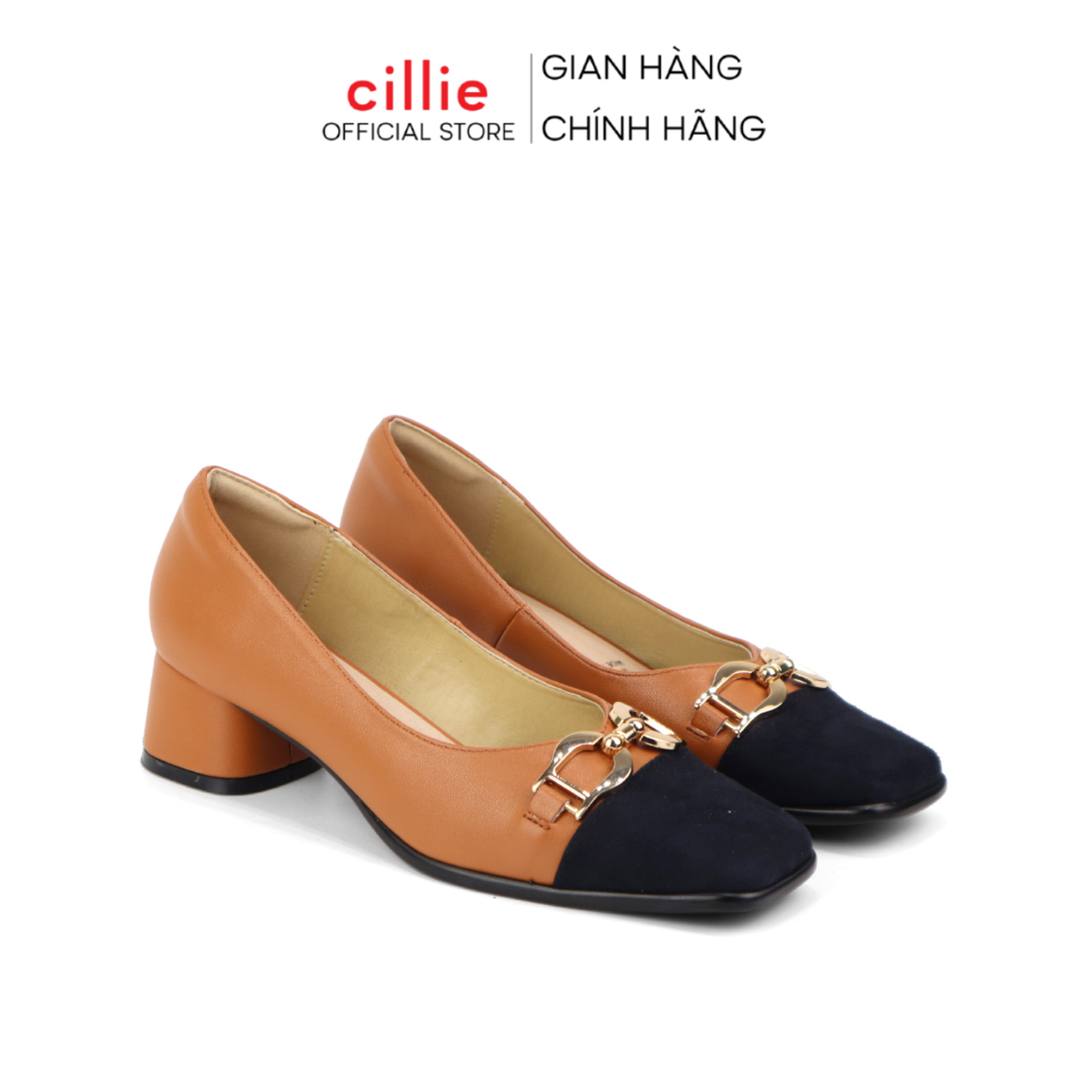 Giày cao gót nữ cillie mũi vuông phong cách retro đính khóa đế vuông 3p 1163