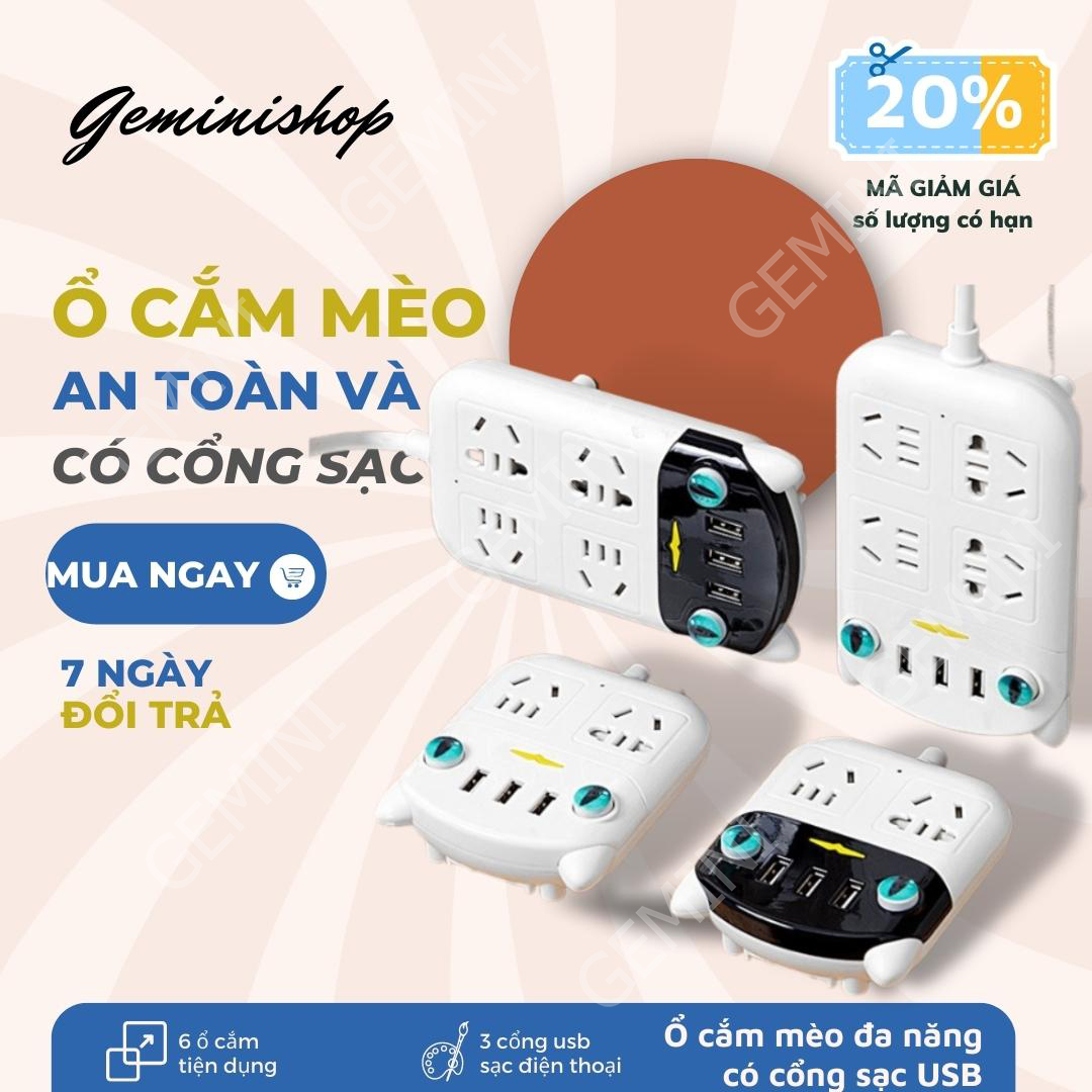 Ổ cắm điện 6 ổ cắm tích hợp 3 cổng USB mèo dễ thương sạc điện thoại mẫu 2