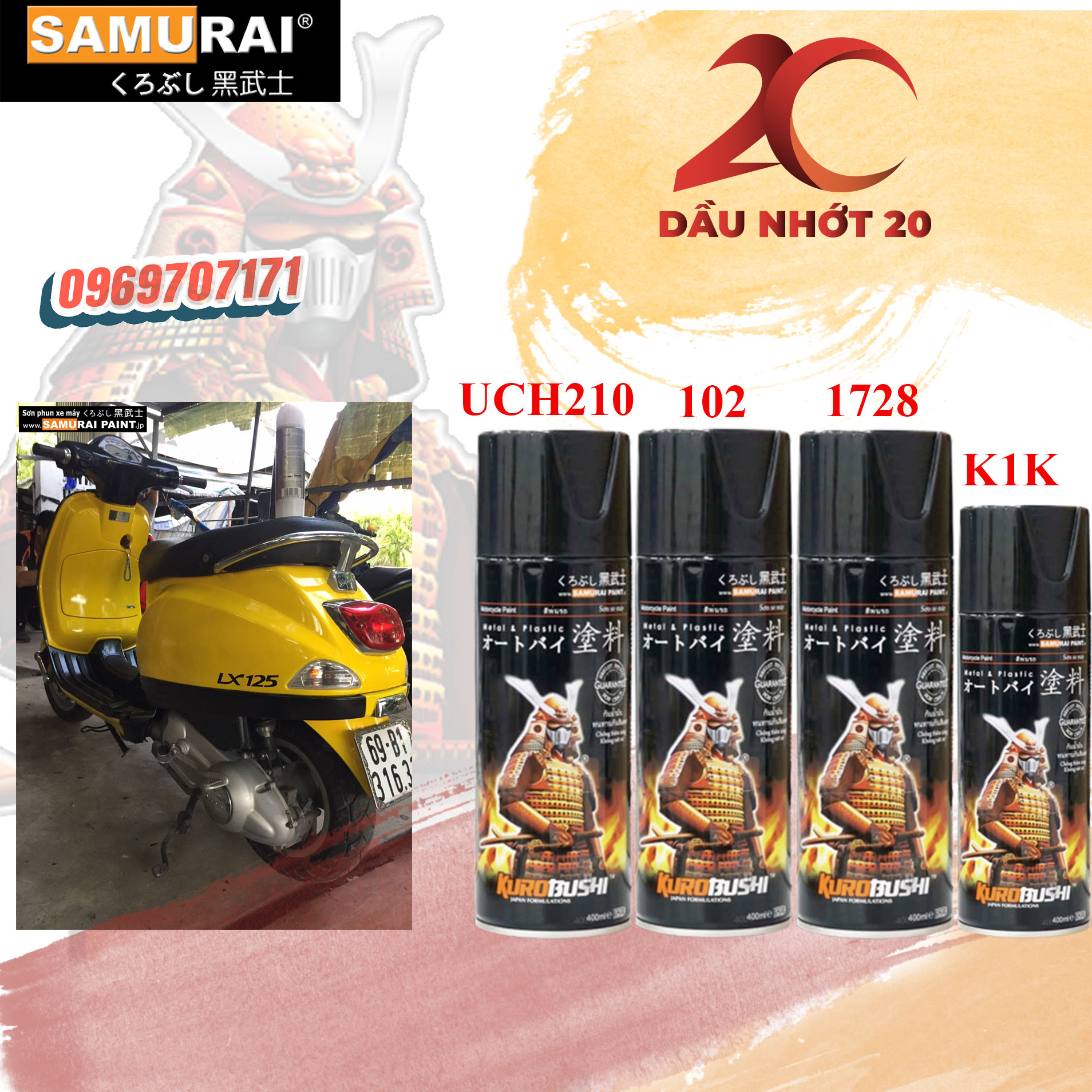 SƠN SAMURAI GÓI COMBO SƠN XỊT MÀU VÀNG 1728 GỒM 4 CHAI UCH210 102 1728 BÓNG TUỲ CHỌN K1K 128 BÓNG KIM TUYẾN K1KT NHÁM 128A