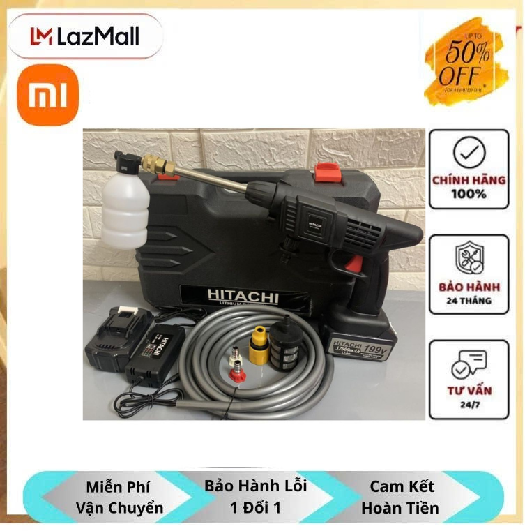 [VOUCHER 8%] máy rửa xe mini cầm tay Máy HITACHI 199V  xịt rửa xe máy ô tô cầm tay PIN SẠC CỰC MẠNH áp lực cao bọt tuyết dùng gia đình DUNG LƯỢNG PIN KHỦNG BH 12 tháng