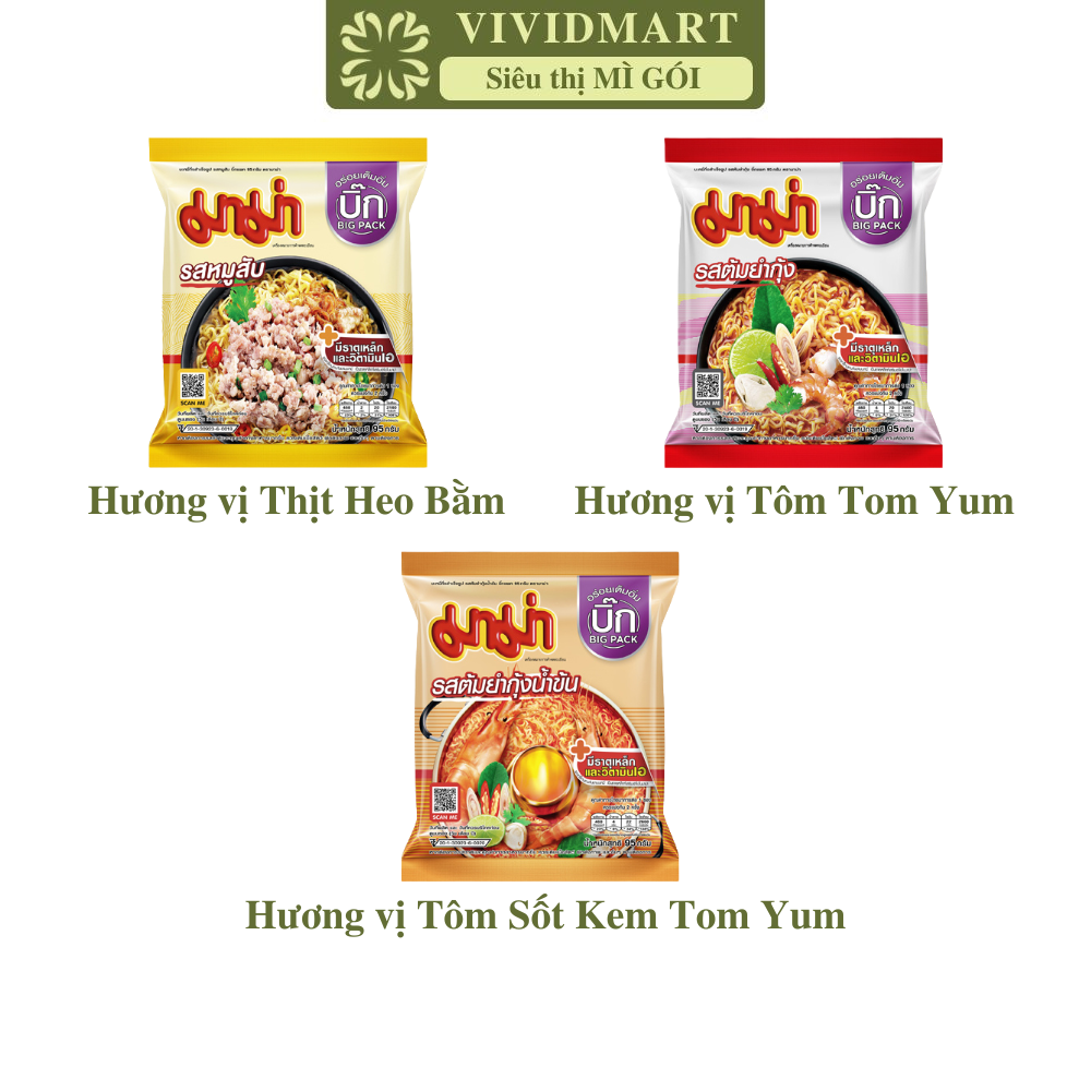 [GÓI LẺ] - MAMA - Mì MaMa gói lớn 3 vị: Thịt heo bằm, Tôm TomYum, Tôm Sốt kem TomYum, Mì Thái Lan ăn liền, Mì gói lớn Mama (95g/gói)