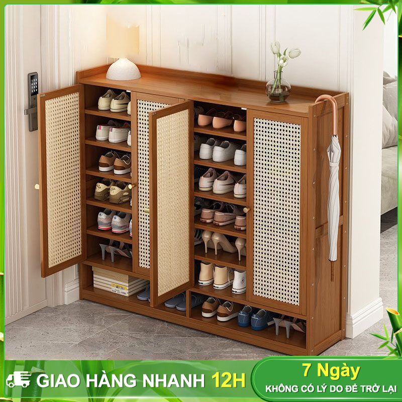 BOHO Tủ giày tre Cửa gấp bằng gỗ tre tự nhiên Khung giày bằng gỗ Đánh bóng sơn chống thấm nước Tủ giày công suất lớn