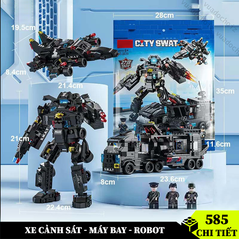 Đồ chơi lắp ráp cảnh sát 585 chi tiết, robot swat cao 21cm kèm lính nhiều cách chơi