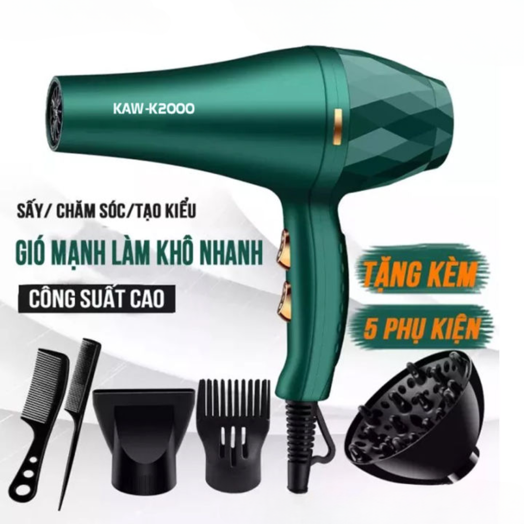 Máy sấy tóc KAW, máy sấy tóc công suất 2000W, kiểu dáng sang trọng, sấy nhanh khô, sấy tạo kiểu đa năng, độ ồn thấp, tản nhiệt tốt