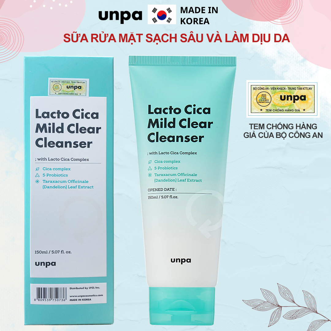 Sữa rửa mặt làm sạch giúp làm sạch sâu , se khít lỗ chân lông và cải thiện da mụn Unpa Lactocica Mild Clear Cleanser 150ml