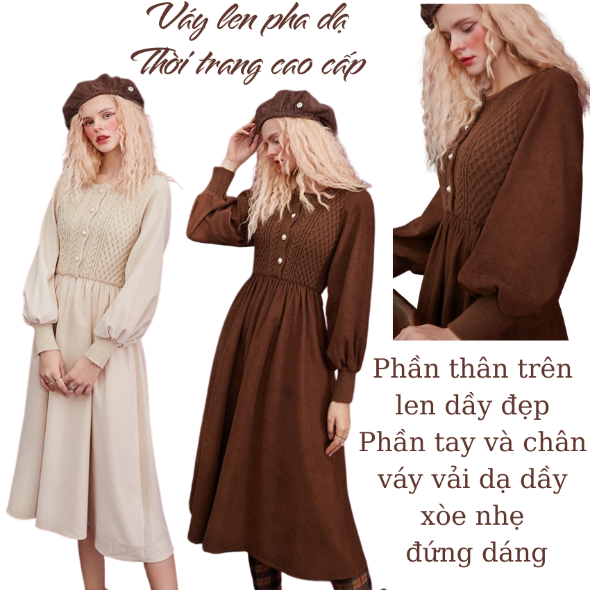 Váy len chân nhung dạ dầy - Váy thu đông trang cao cấp hàng Quảng Châu-Có ảnh thật và clip chất liệu