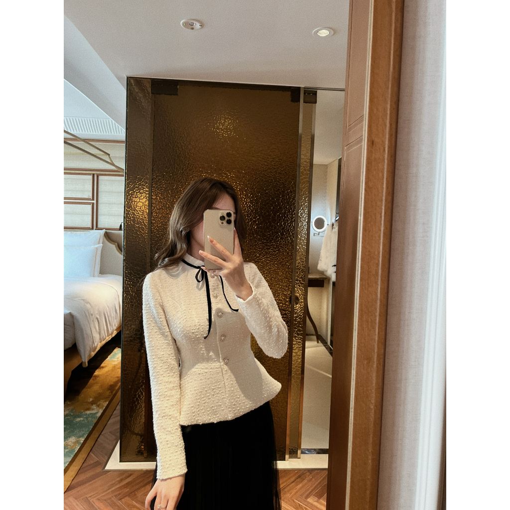 Áo furi dạ tweed mỏng dây nơ nhung- size s/m/l- hàng chính hãng- juletbygiang