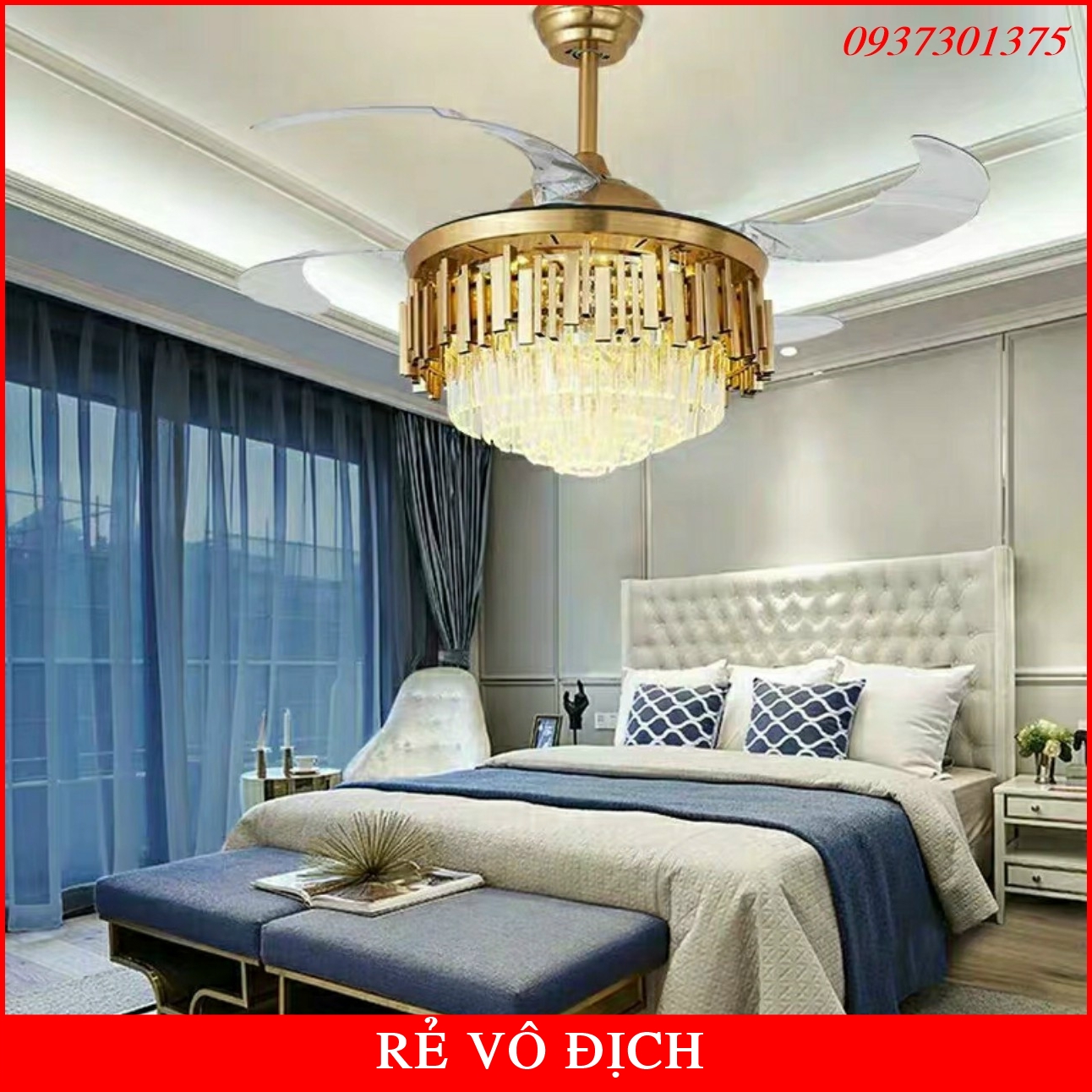 Quạt Trần Đèn Pha Lê Trang Trí Phòng Khách,Phòng Ngủ,Bàn ăn - Có Điều Khiển Từ Xa,Đèn Led 3 Chế Độ Sáng,Bảo Hành 3 Năm